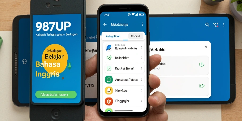 Tampilan antarmuka 987UP yang menarik untuk belajar Bahasa Inggris.
