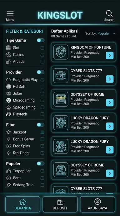 Tampilan katalog aplikasi kingslot
